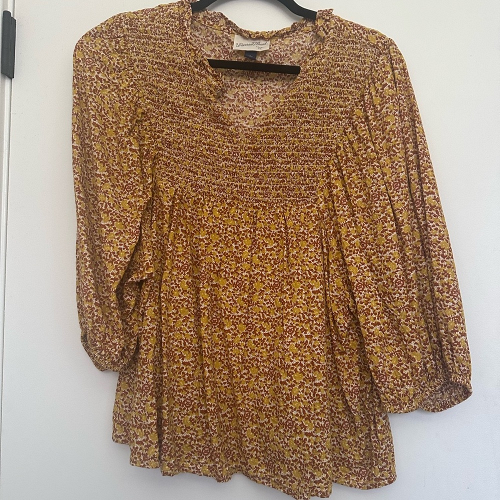 Universal Thread Smocked Floral Peasant Top - Yellow with Rust Accents